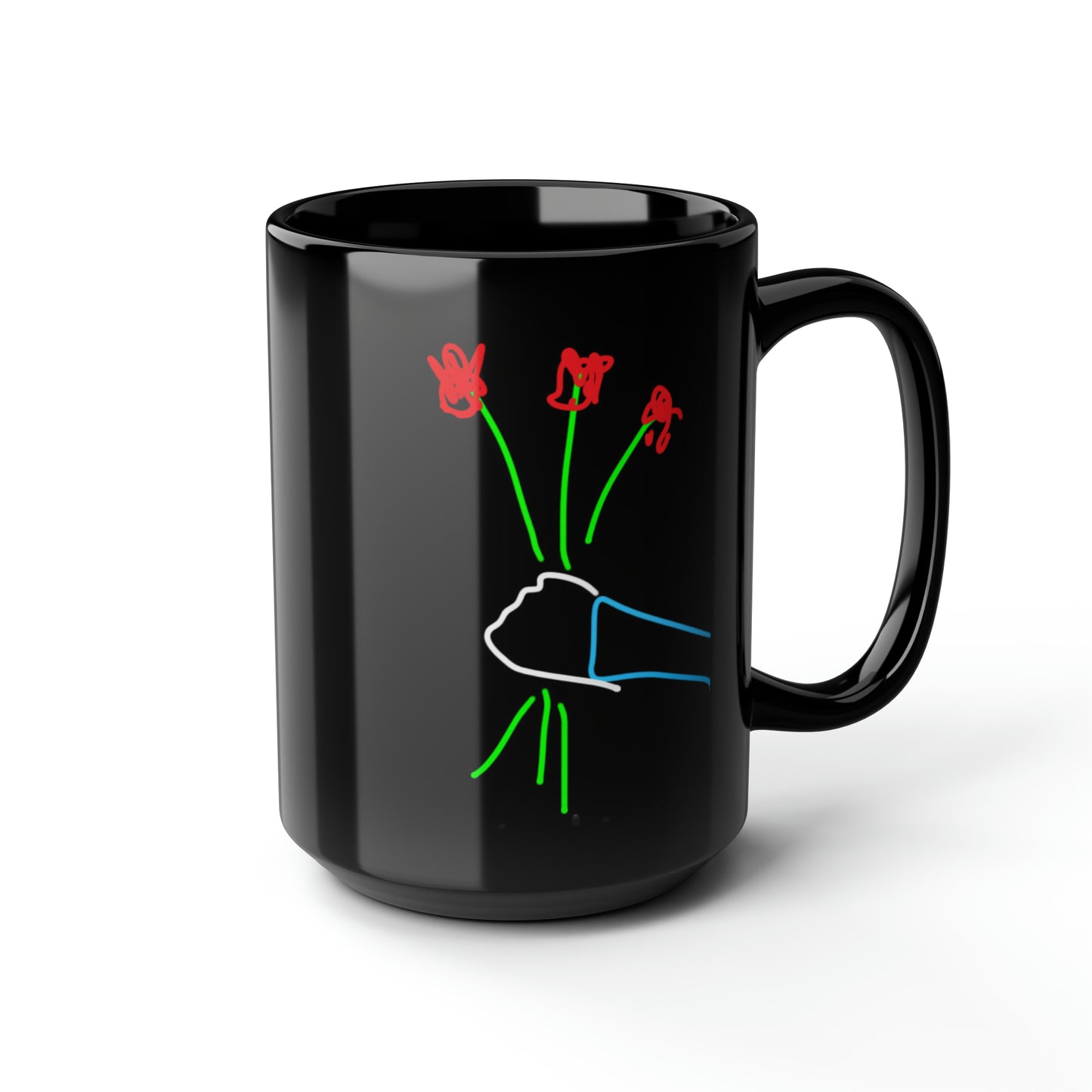 3 Red Flowers- Black Mug, 15oz- Large