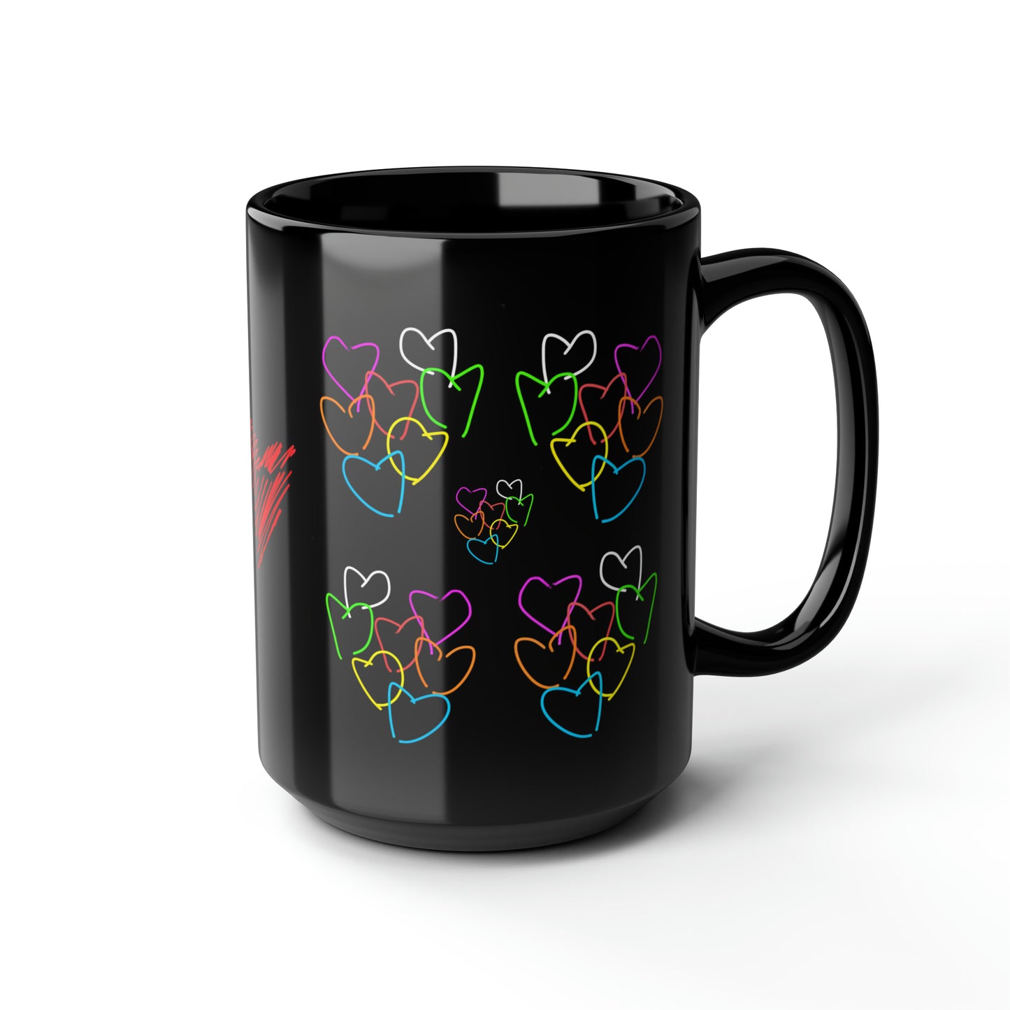 Colorful Hearts- Black Mug, 15oz- Large