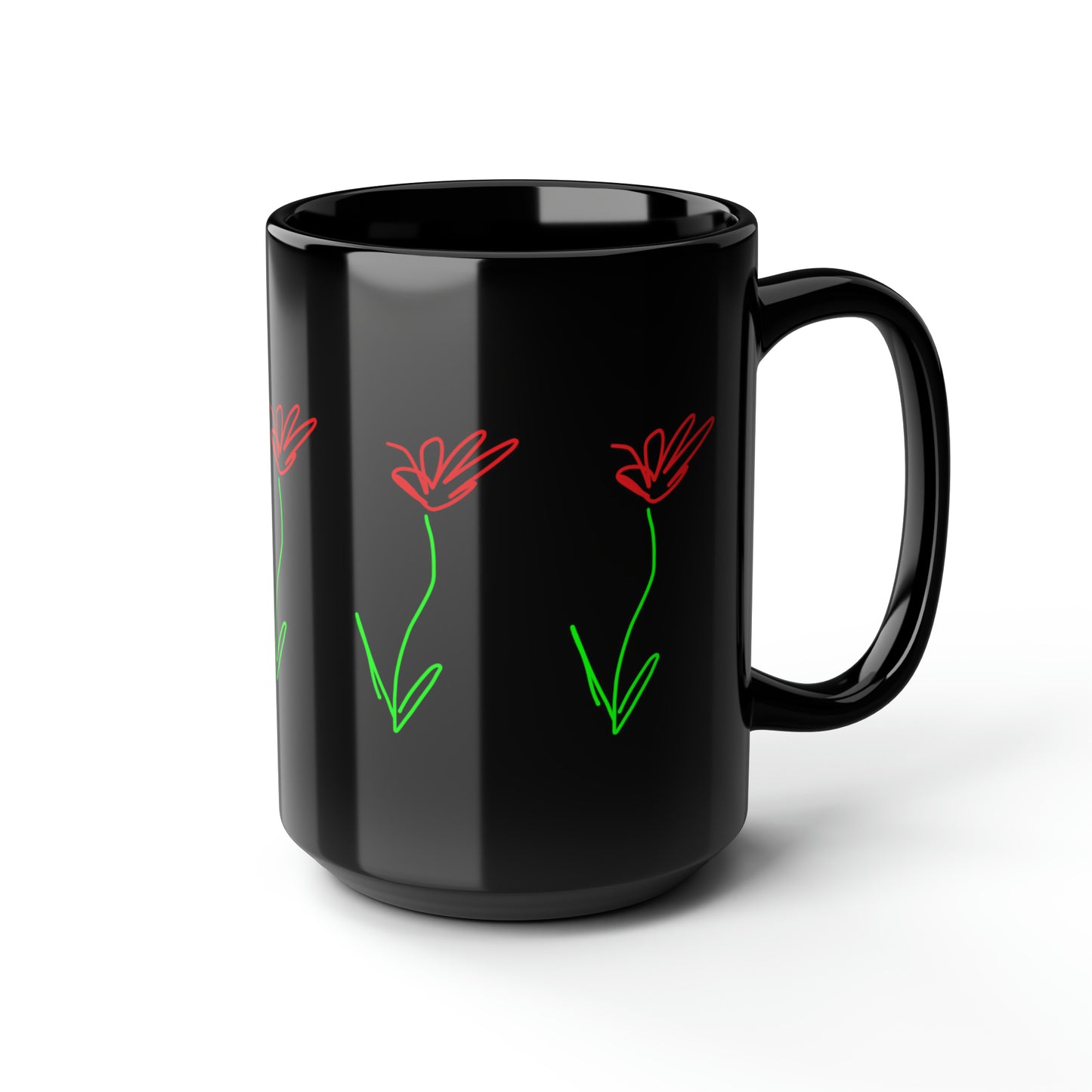 Red Flower- Black Mug, 15oz- Large