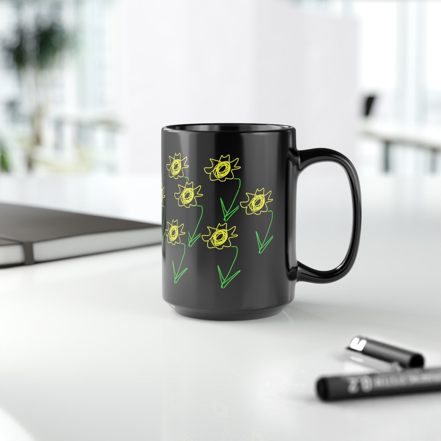 Sunflower/Field- Black Mug, 15oz- Large