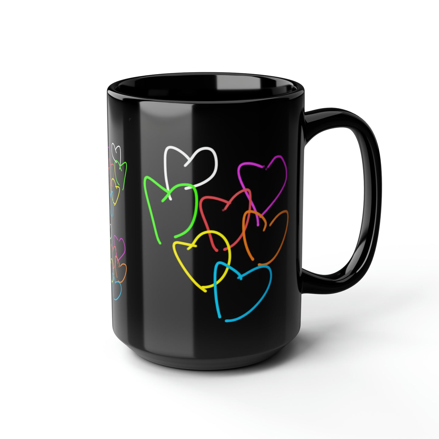 Colorful Hearts- Black Mug, 15oz- Large