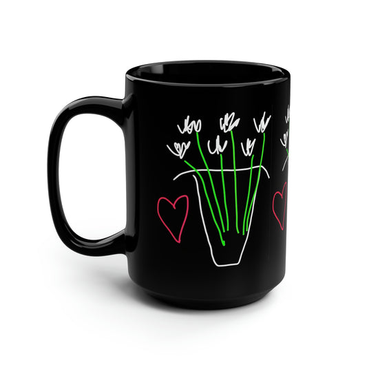 Vase, White Flowers- Black Mug, 15oz- Large