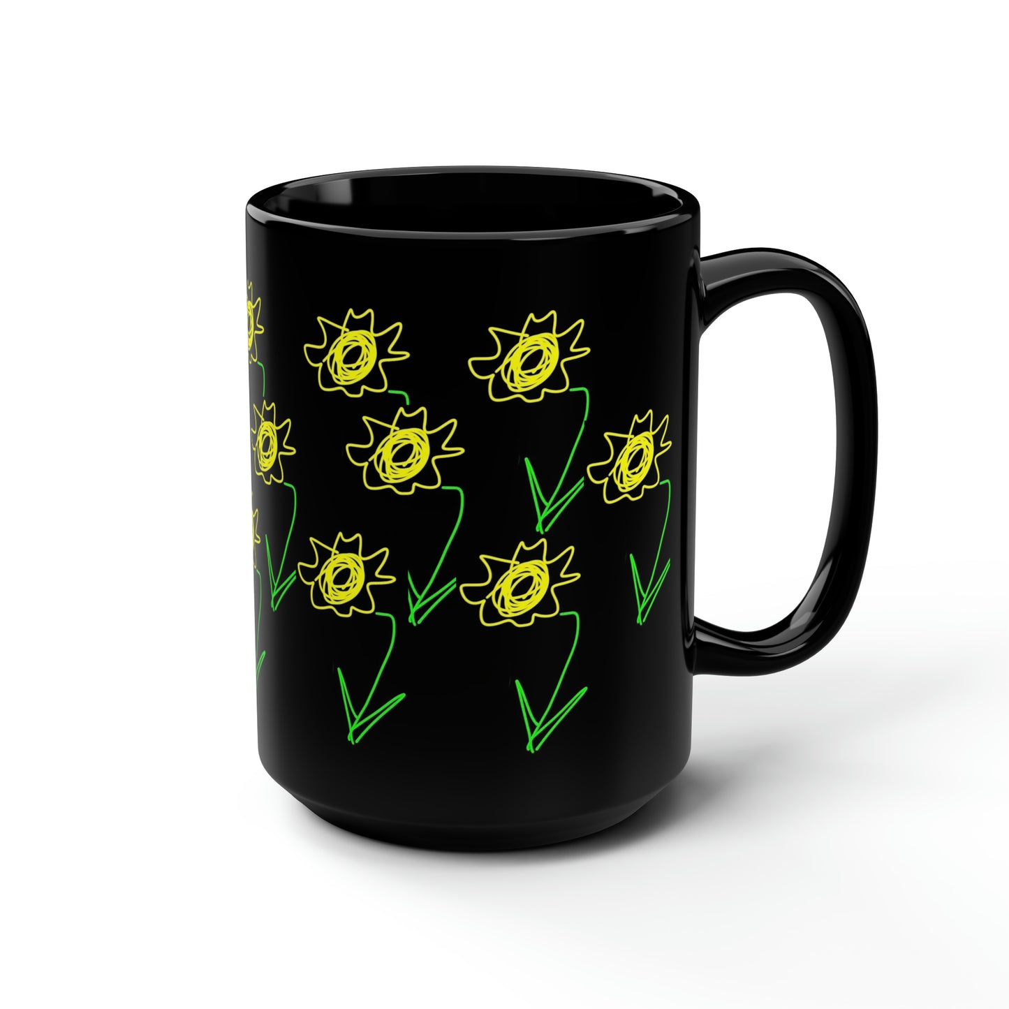 Sunflower/Field- Black Mug, 15oz- Large