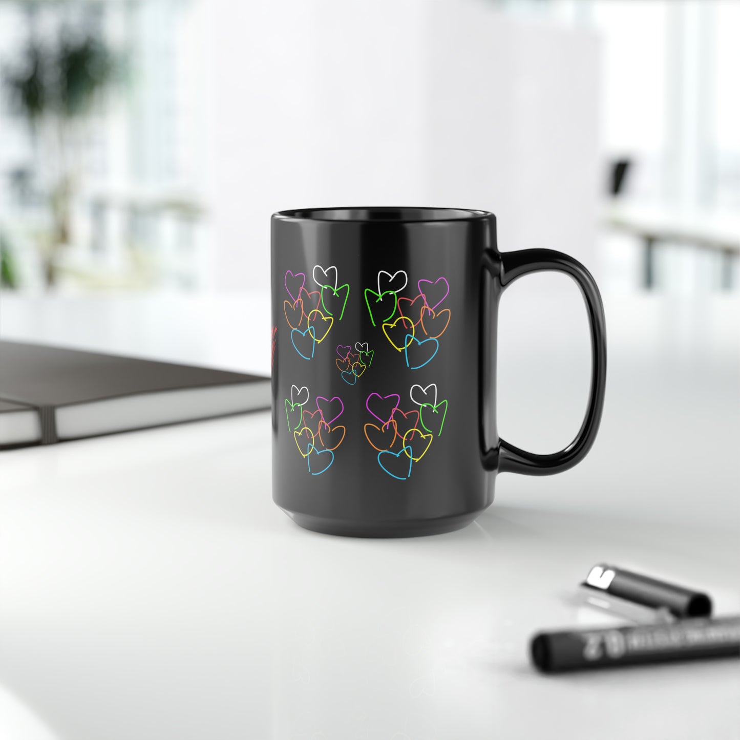 Colorful Hearts- Black Mug, 15oz- Large