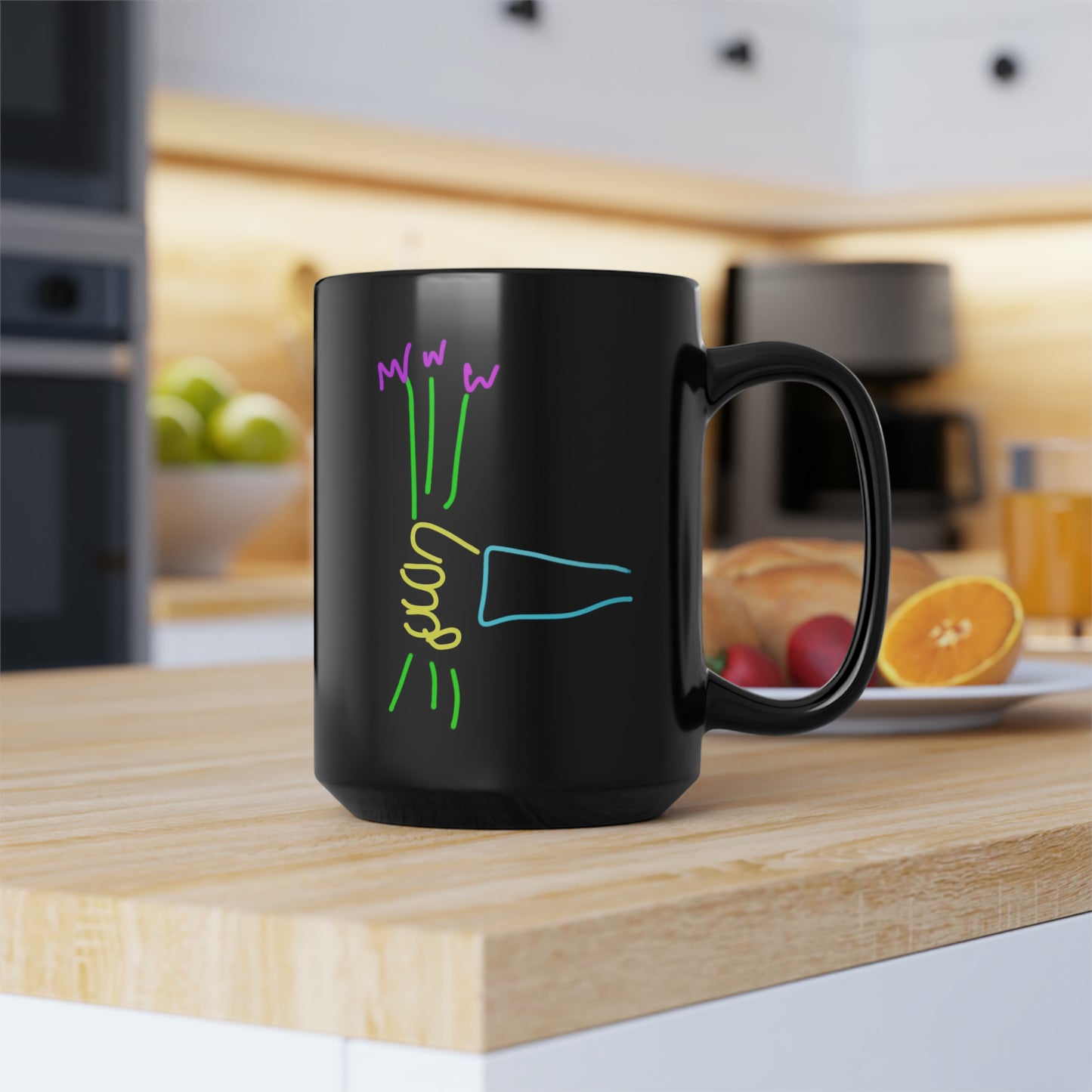 3 Purple Flowers- Black Mug, 15oz- Large