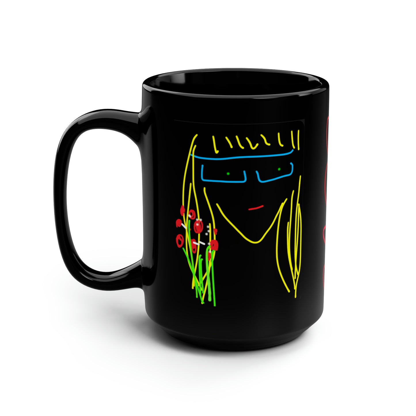 Blonde Babe with Red Flowers/Million Hearts- Black Mug, 15oz