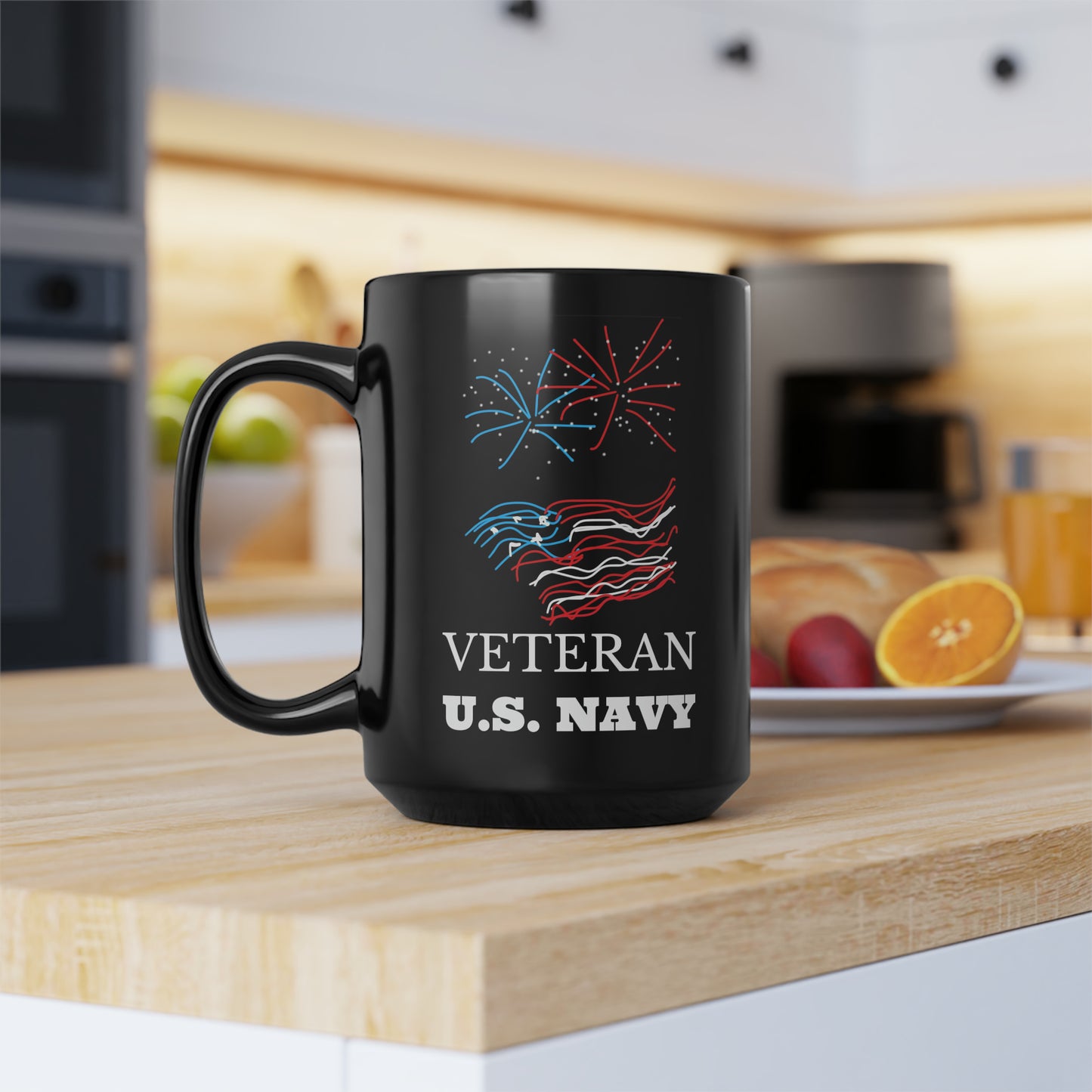 Military- Fireworks/Navy- Black Mug, 15oz- large