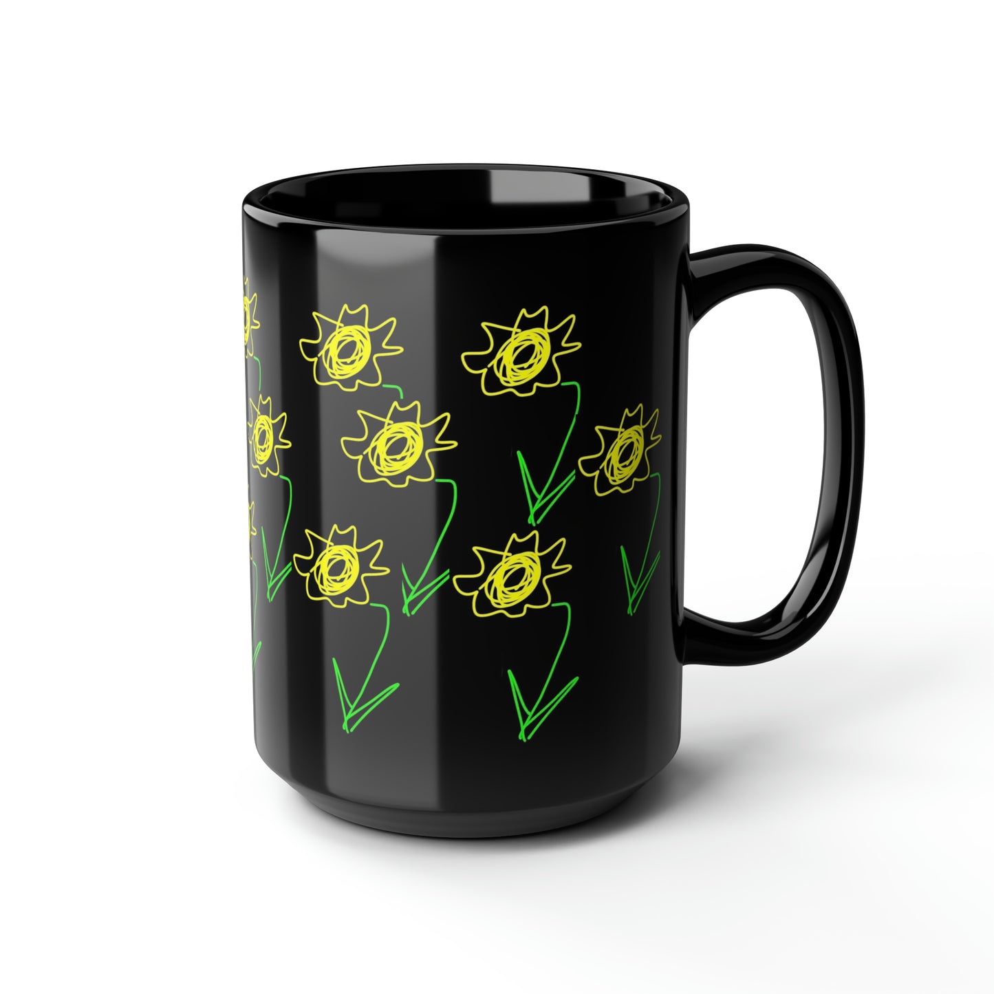 Sunflower/Field- Black Mug, 15oz- Large