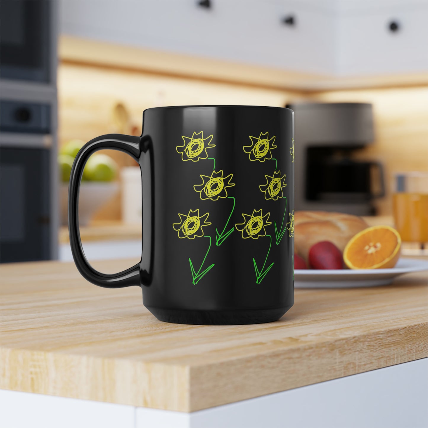 Sunflower/Field- Black Mug, 15oz- Large