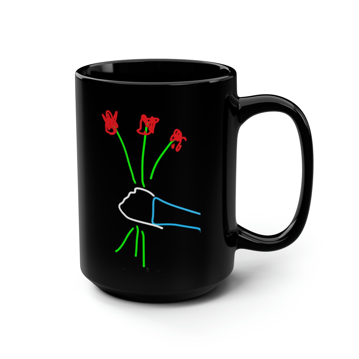 3 Red Flowers- Black Mug, 15oz- Large