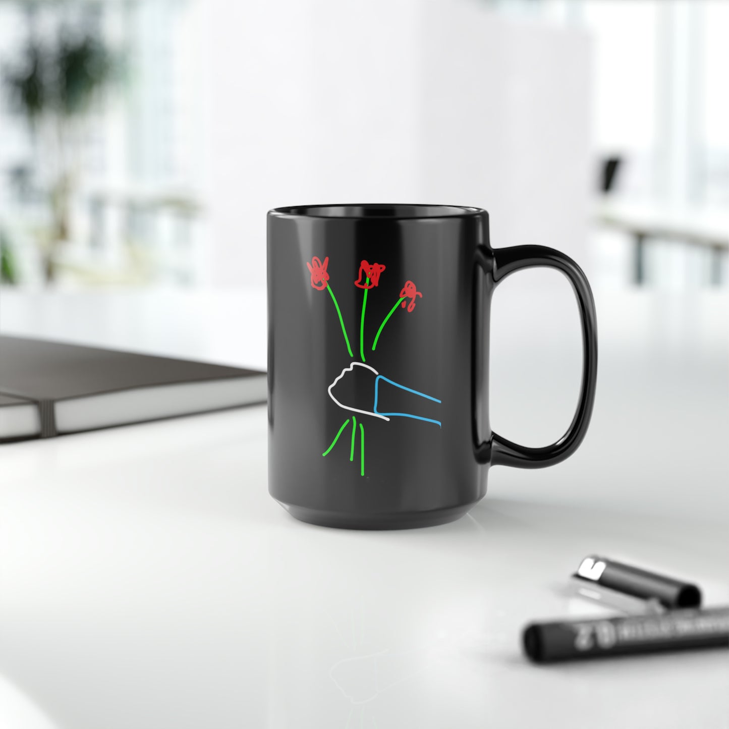 3 Red Flowers- Black Mug, 15oz- Large