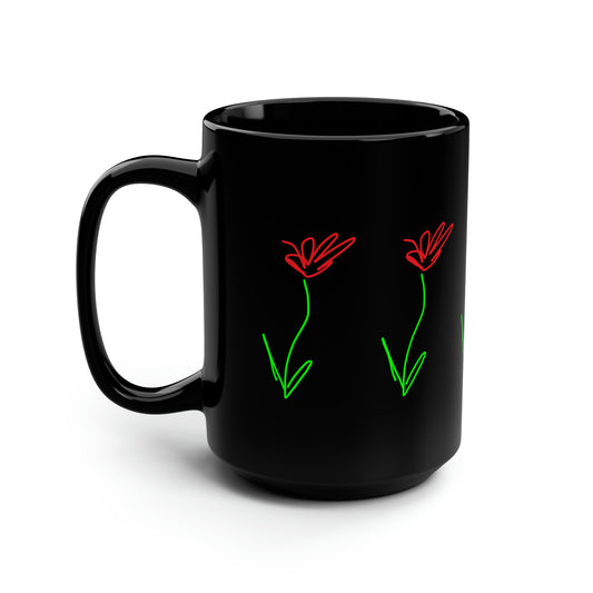 Red Flower- Black Mug, 15oz- Large