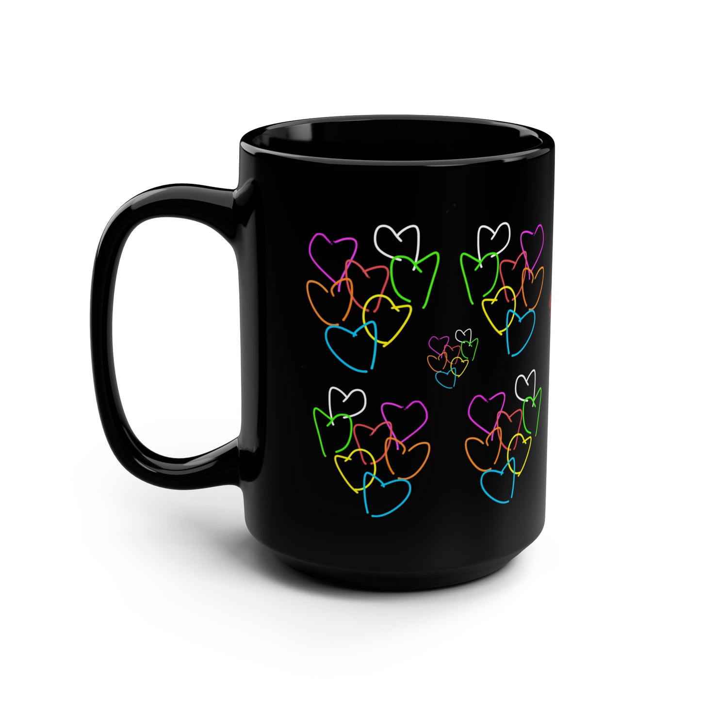 Colorful Hearts- Black Mug, 15oz- Large