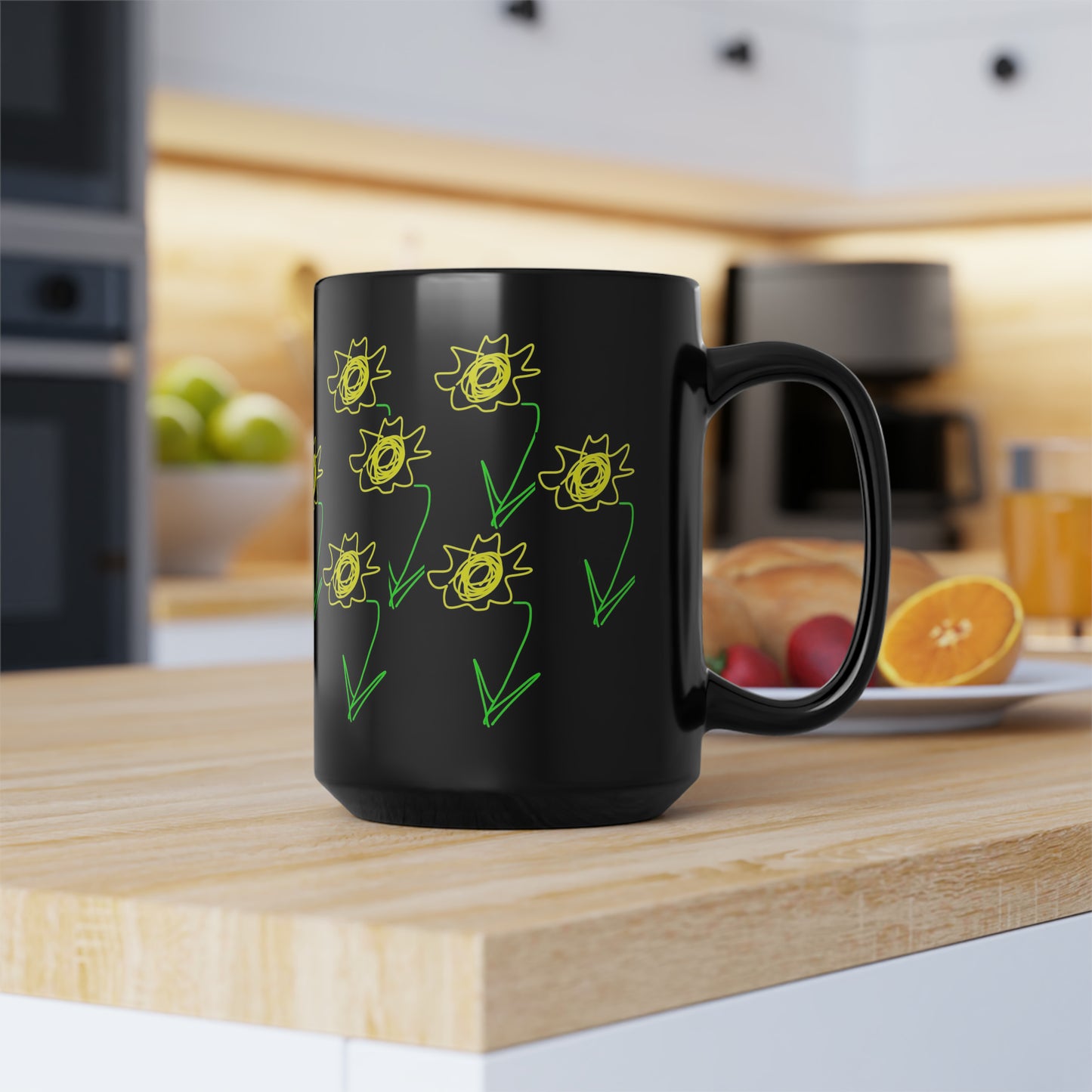 Sunflower/Field- Black Mug, 15oz- Large