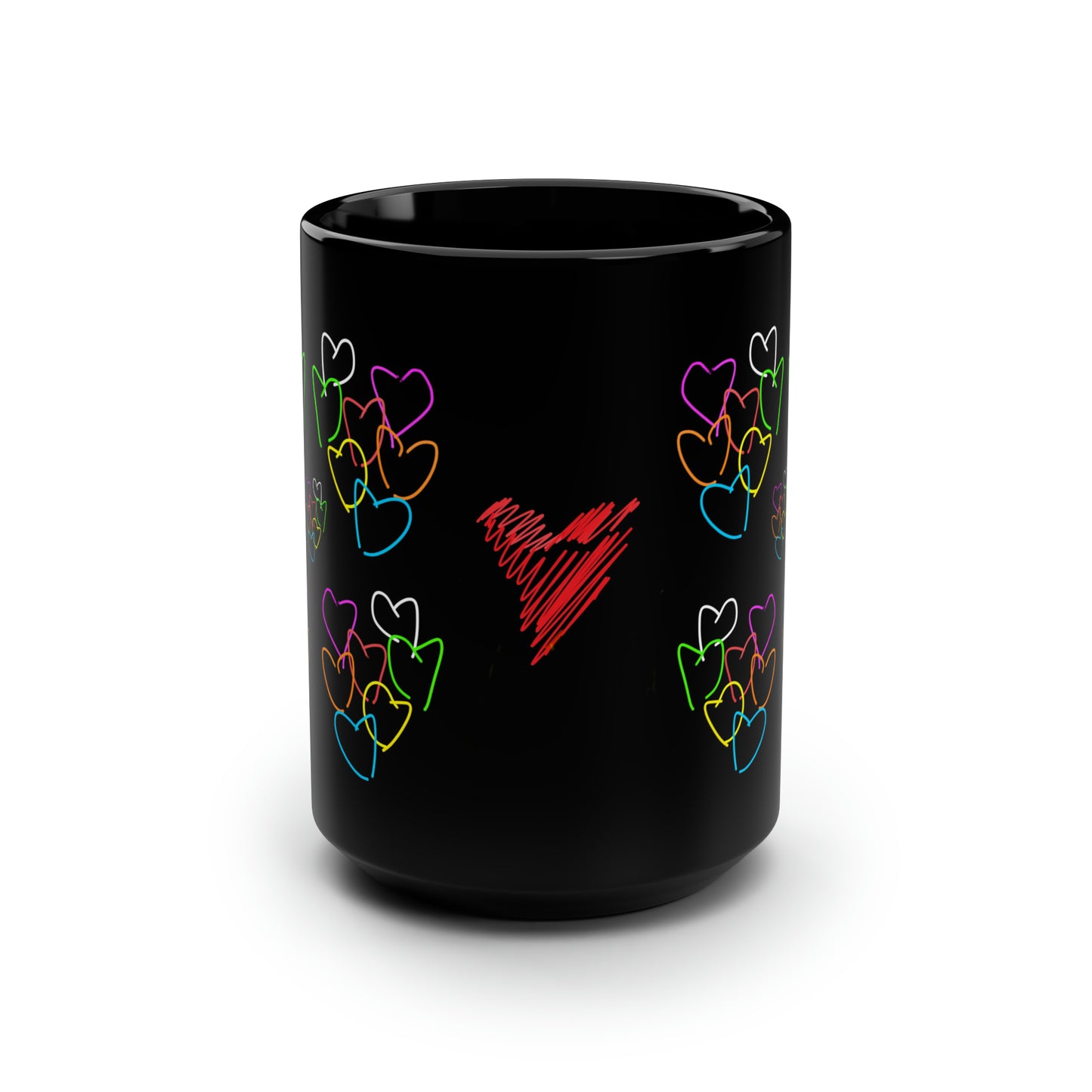 Colorful Hearts- Black Mug, 15oz- Large