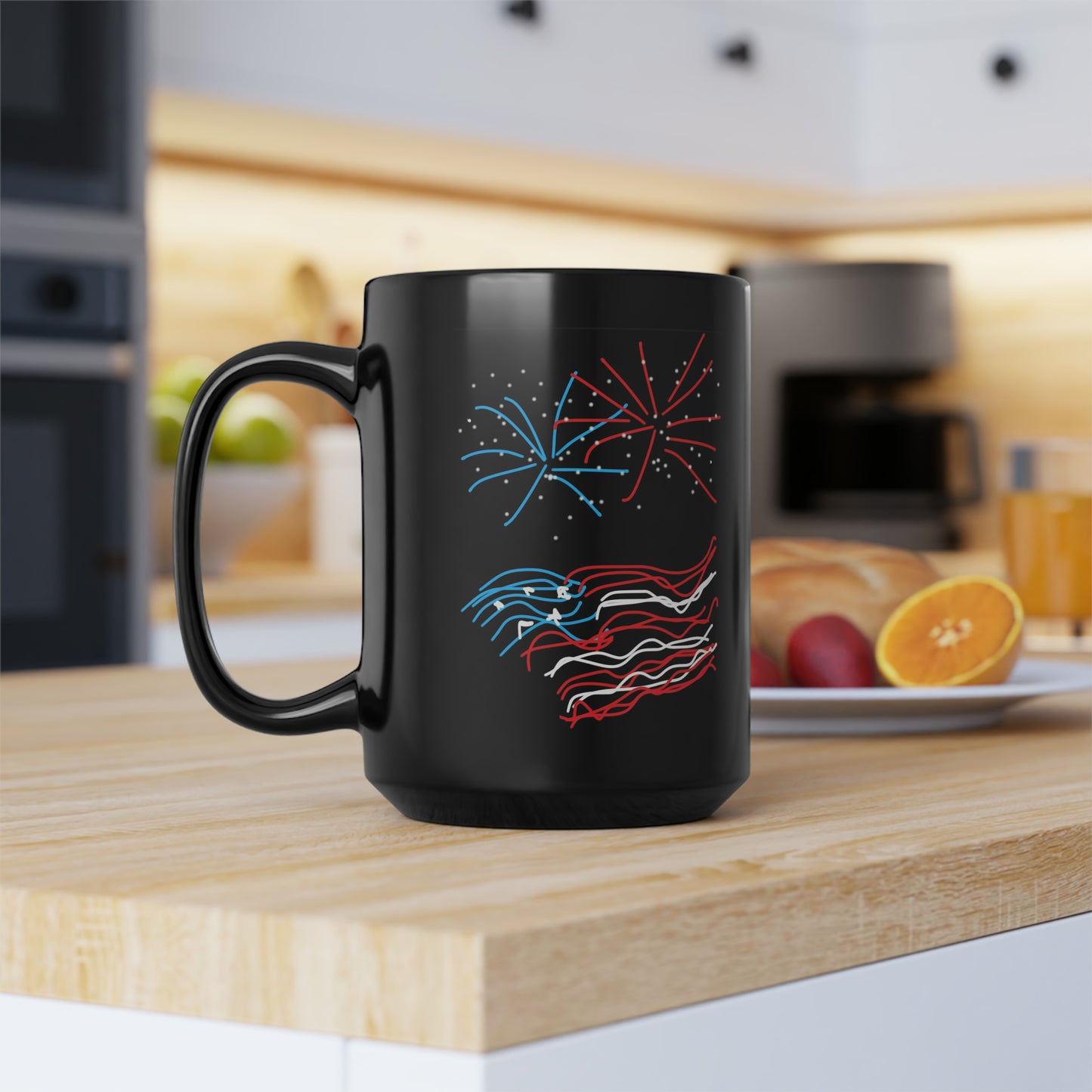 July 4th- Fireworks/1776- Black Mug, 15oz- Large