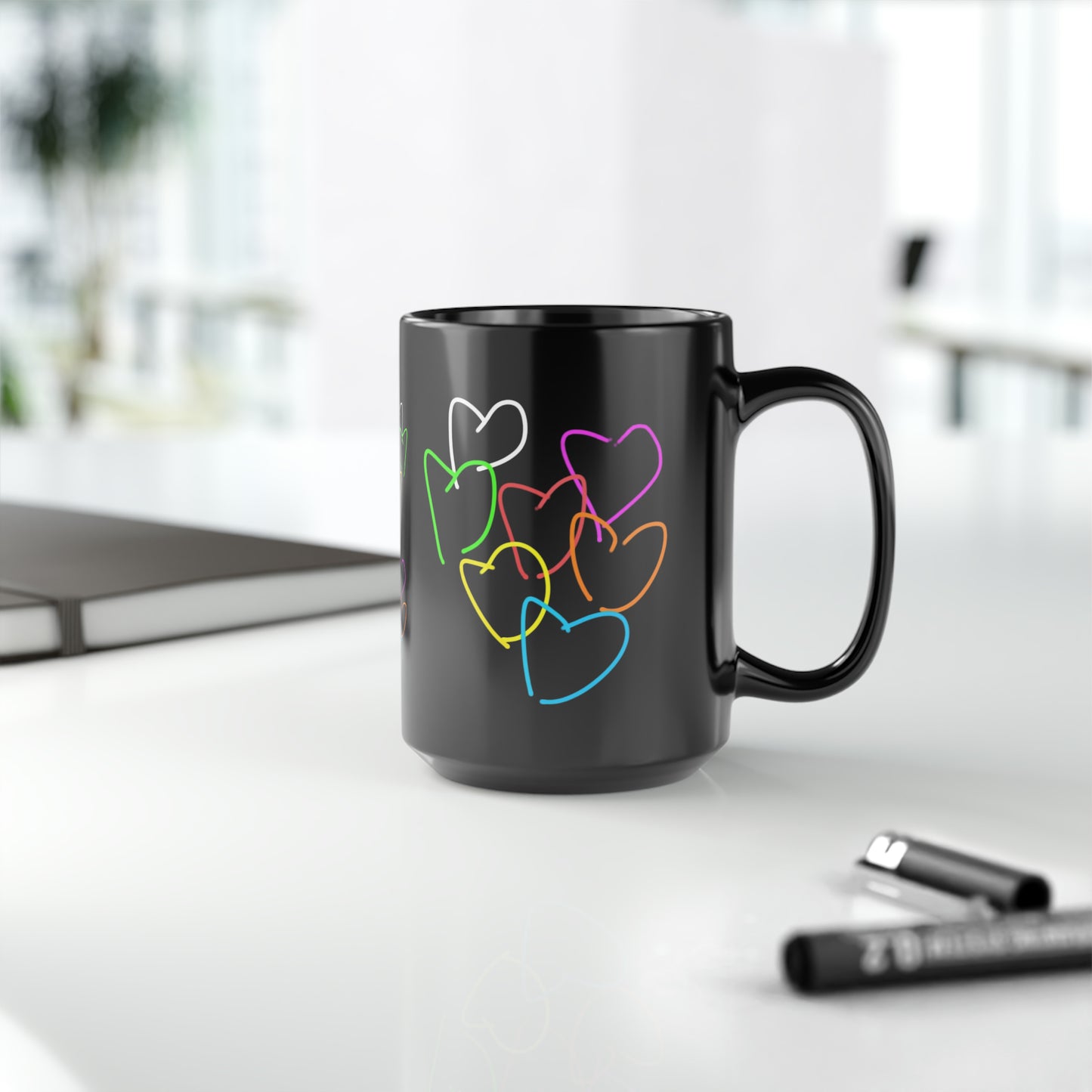 Colorful Hearts- Black Mug, 15oz- Large