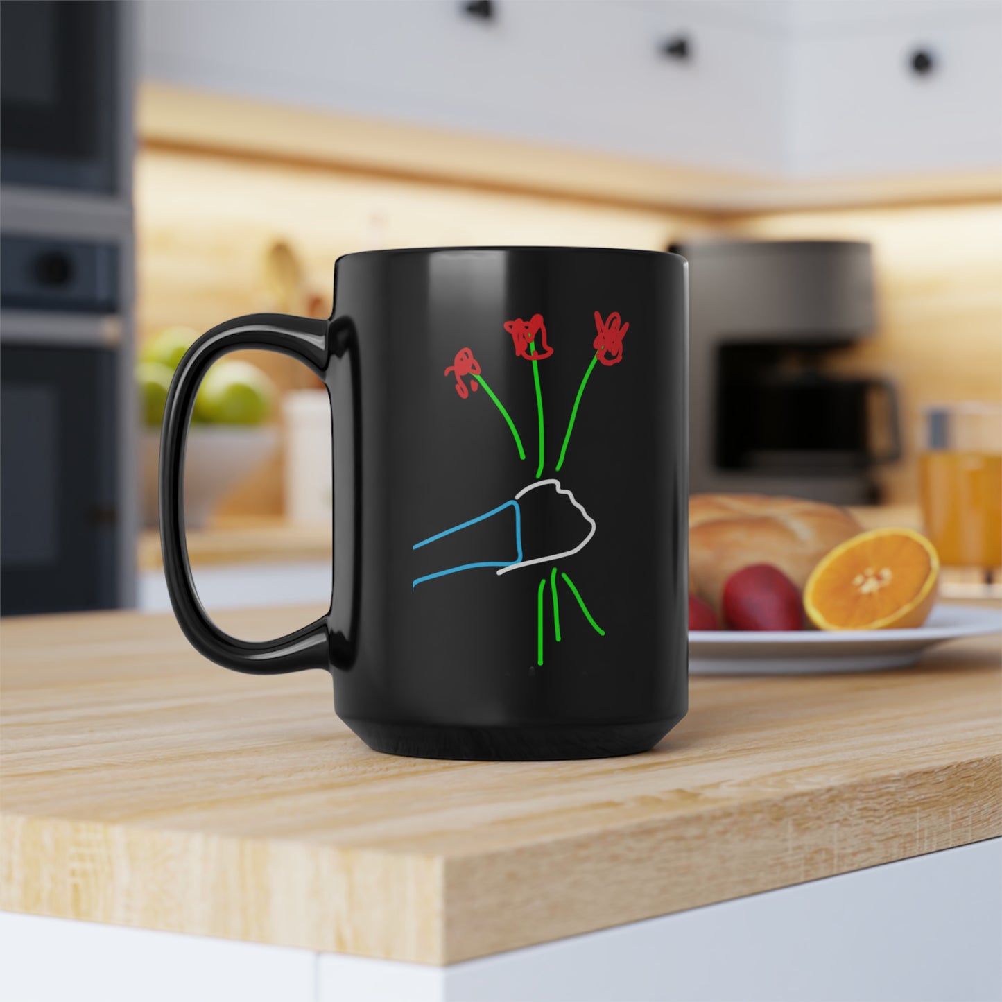 3 Red Flowers- Black Mug, 15oz- Large