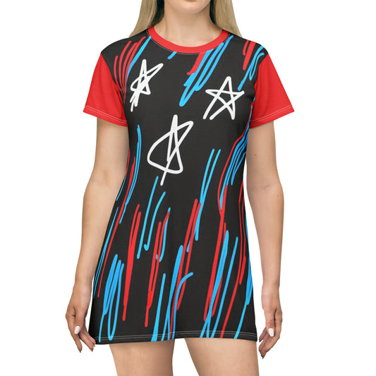 July 4th- Stars Stripes- T-Shirt Dress (AOP)- Black and Red