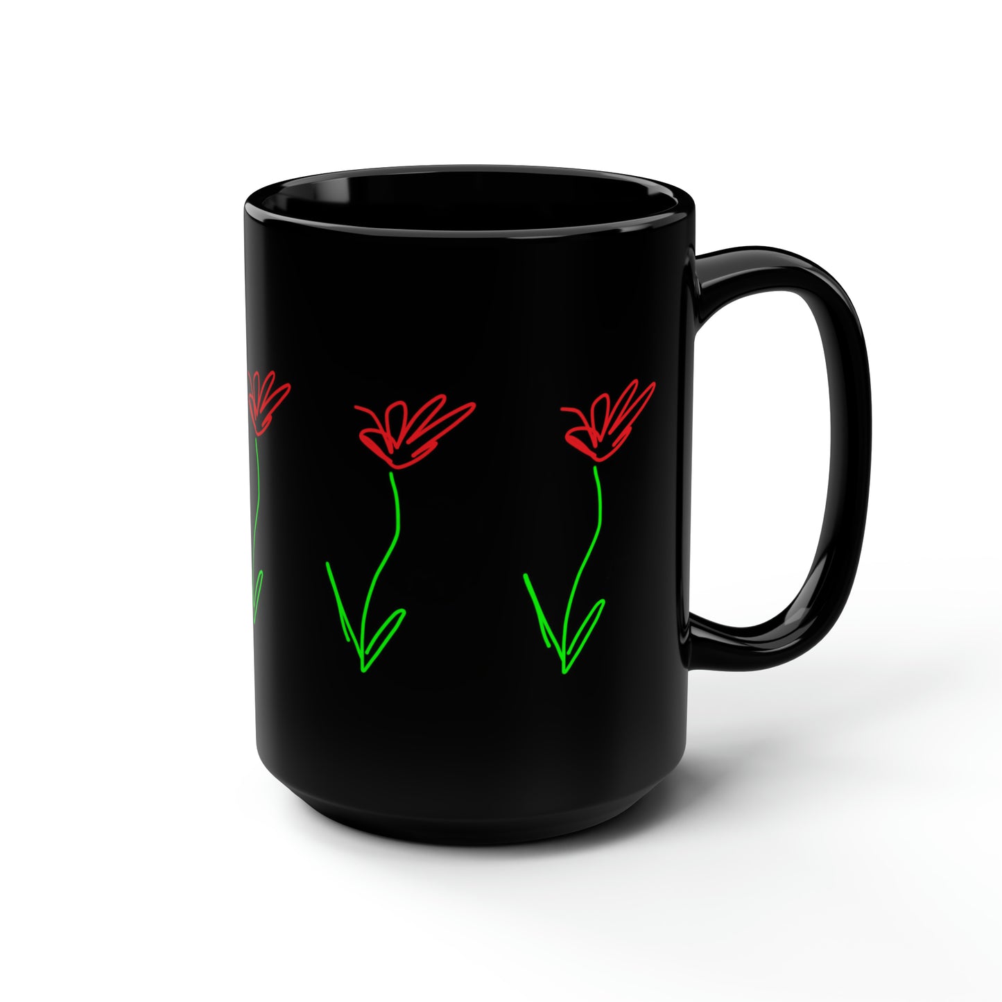 Red Flower- Black Mug, 15oz- Large