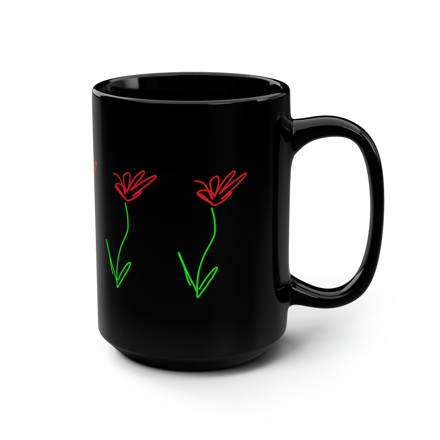 Red Flower- Black Mug, 15oz- Large