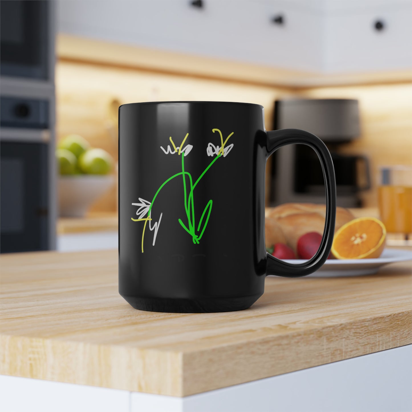 3 White Flowers- Black Mug, 15oz- Large