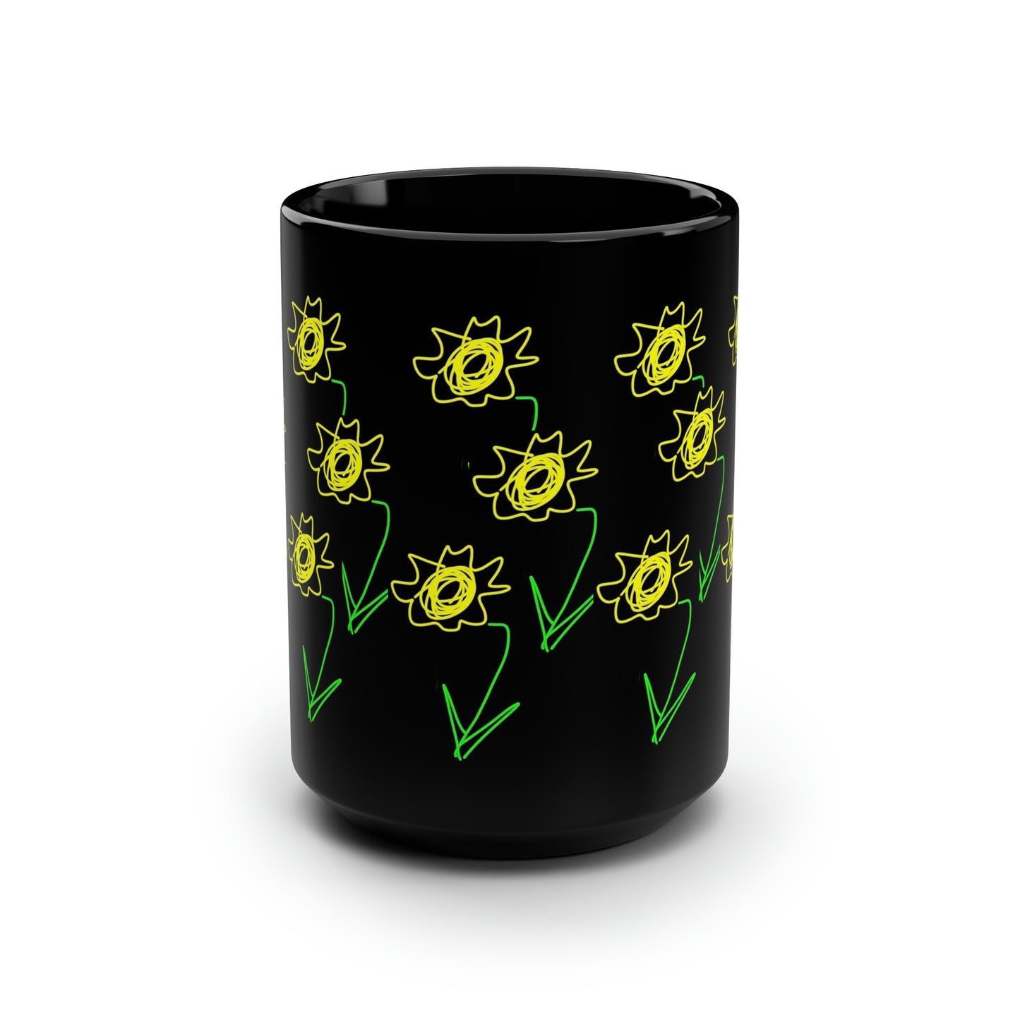 Sunflower/Field- Black Mug, 15oz- Large