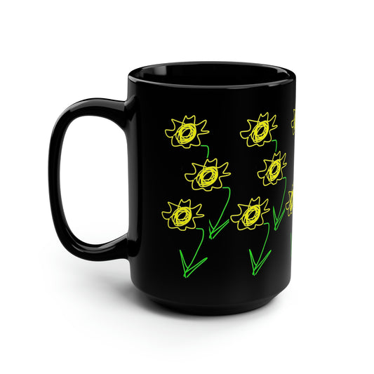 Sunflower/Field- Black Mug, 15oz- Large