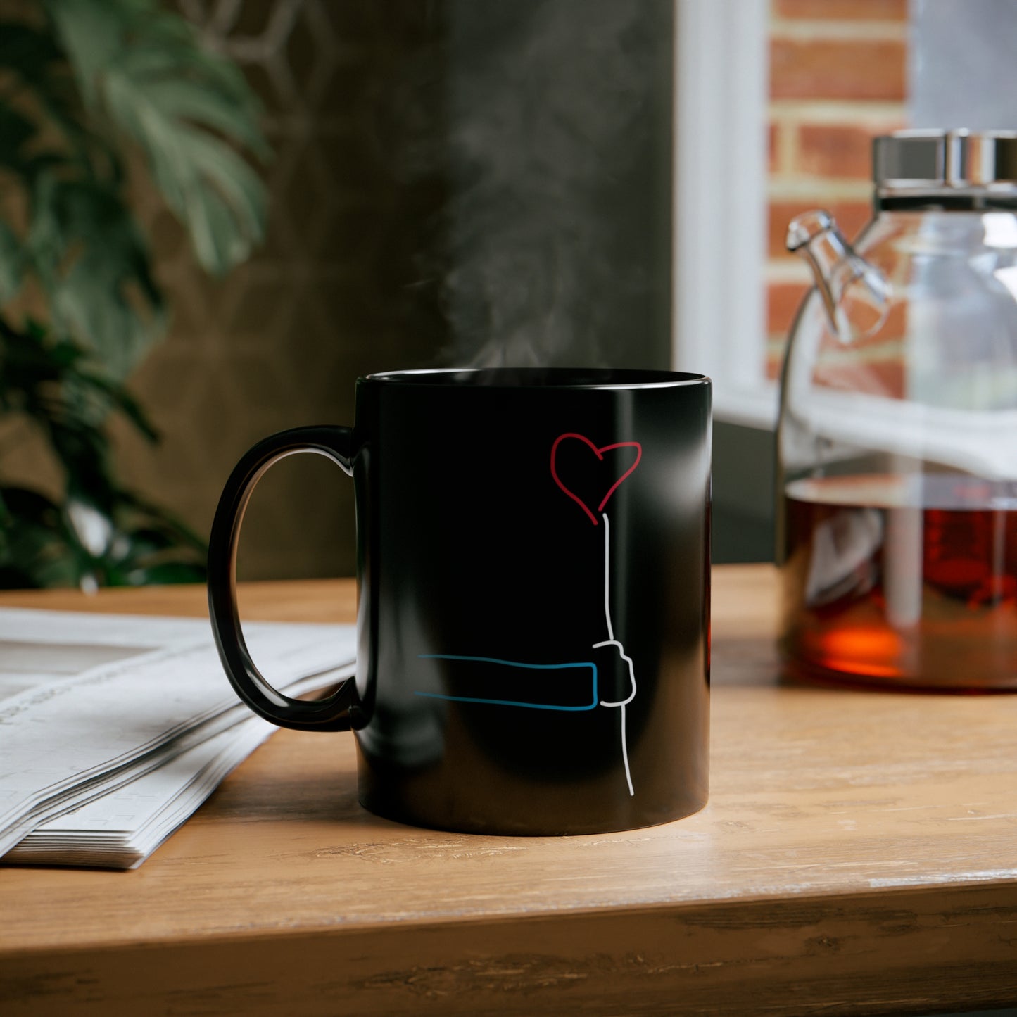 Heart Balloon, One Red Flower- 11oz Black Mug