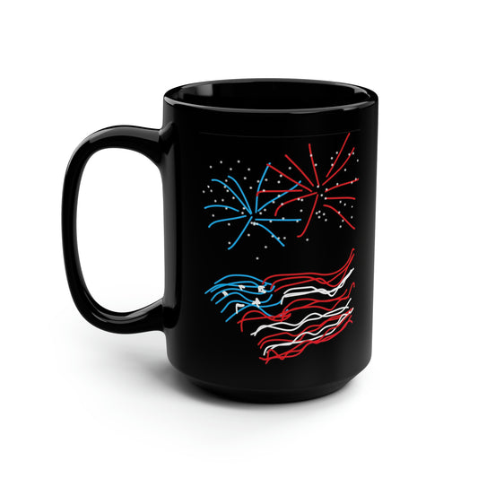 July 4th- Fireworks/Old Glory- Black Mug, 15oz- Large