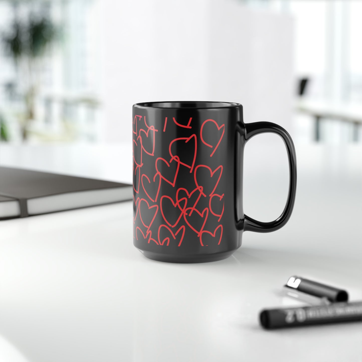 Blonde Babe with Red Flowers/Million Hearts- Black Mug, 15oz