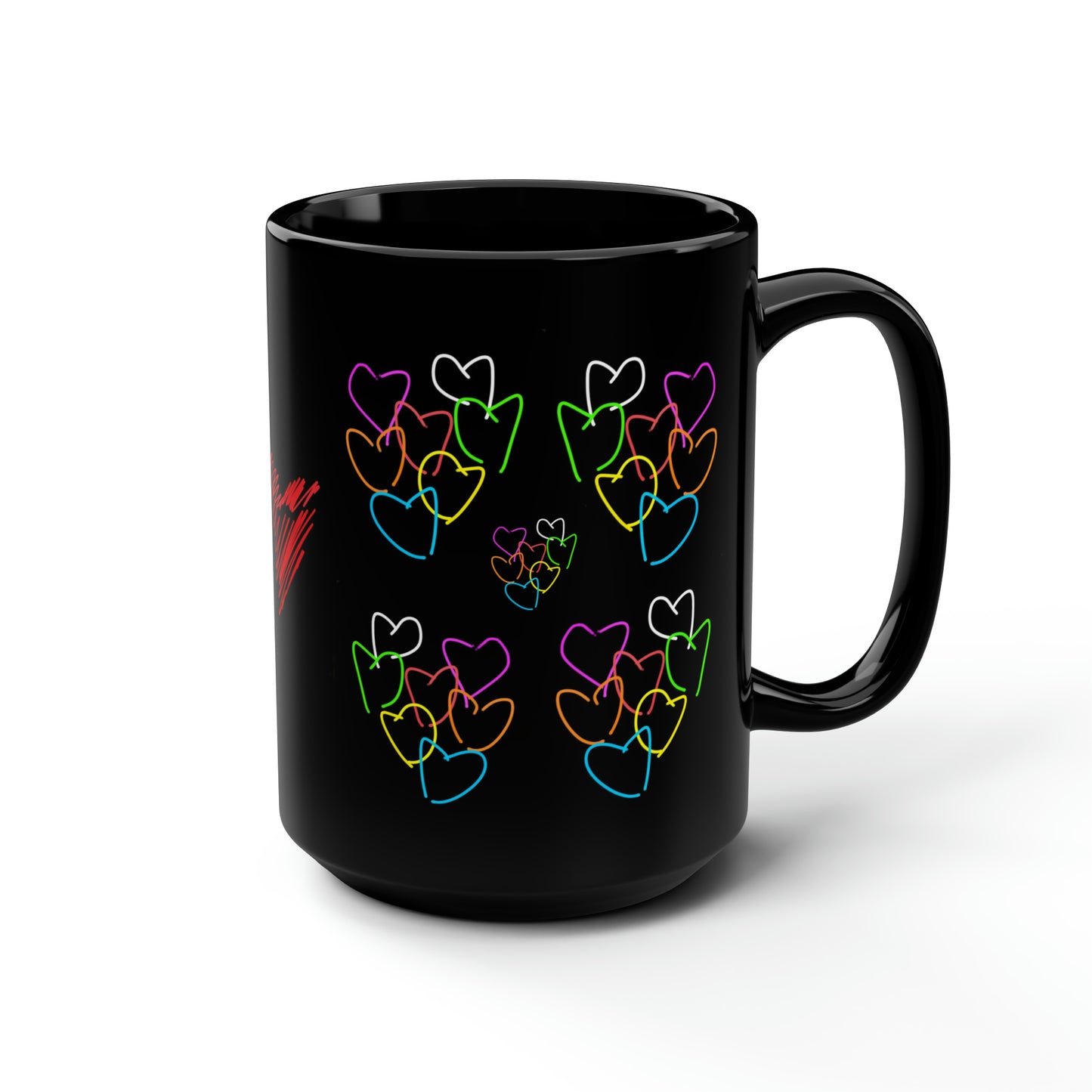 Colorful Hearts- Black Mug, 15oz- Large