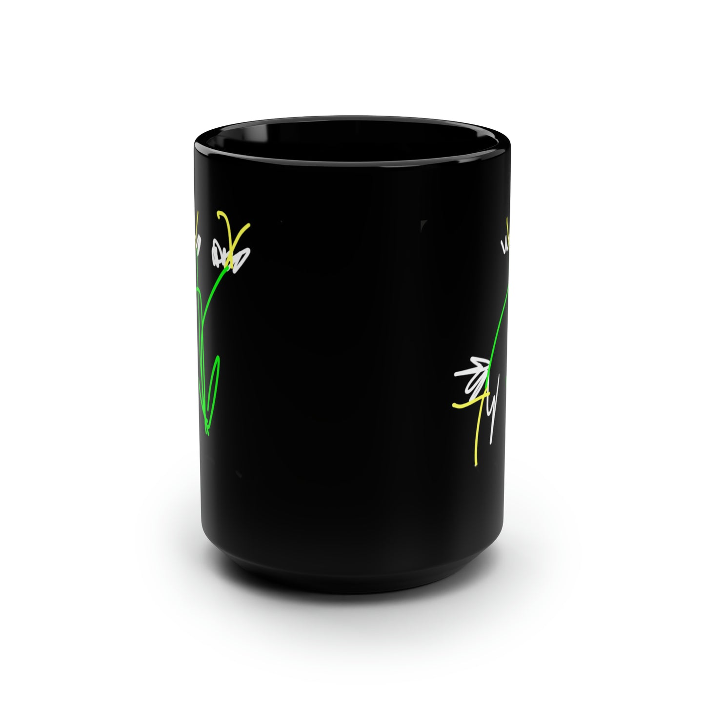 3 White Flowers- Black Mug, 15oz- Large