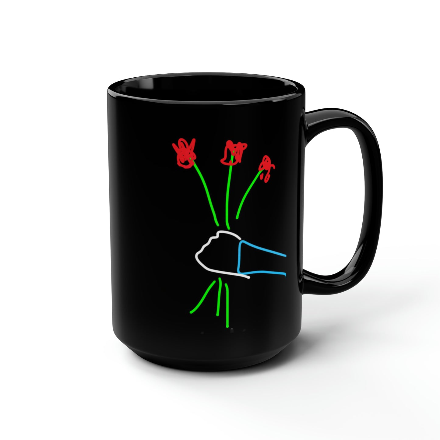 3 Red Flowers- Black Mug, 15oz- Large