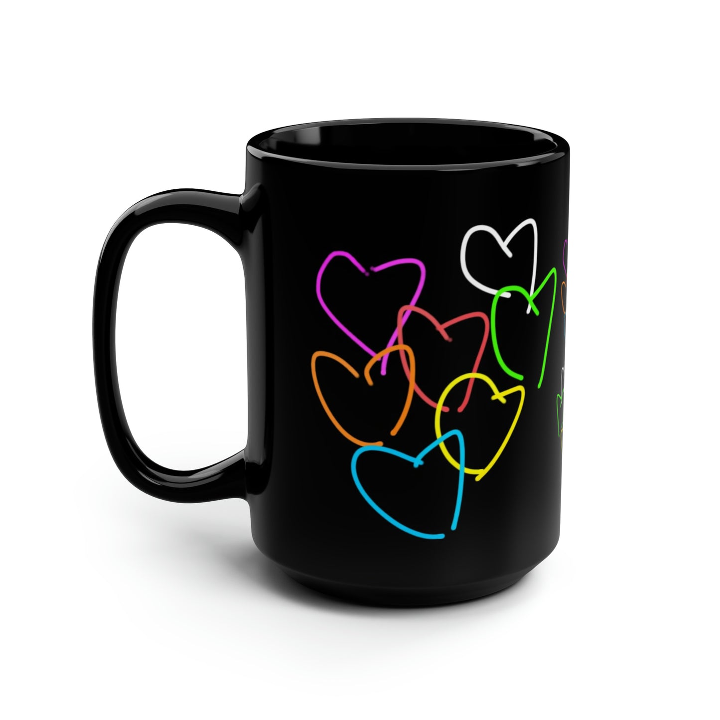 Colorful Hearts- Black Mug, 15oz- Large