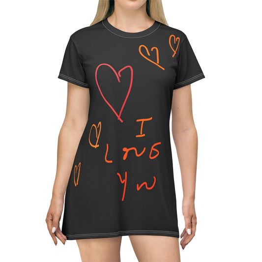 5 Hearts/I love You- T-Shirt Dress (AOP)- Black