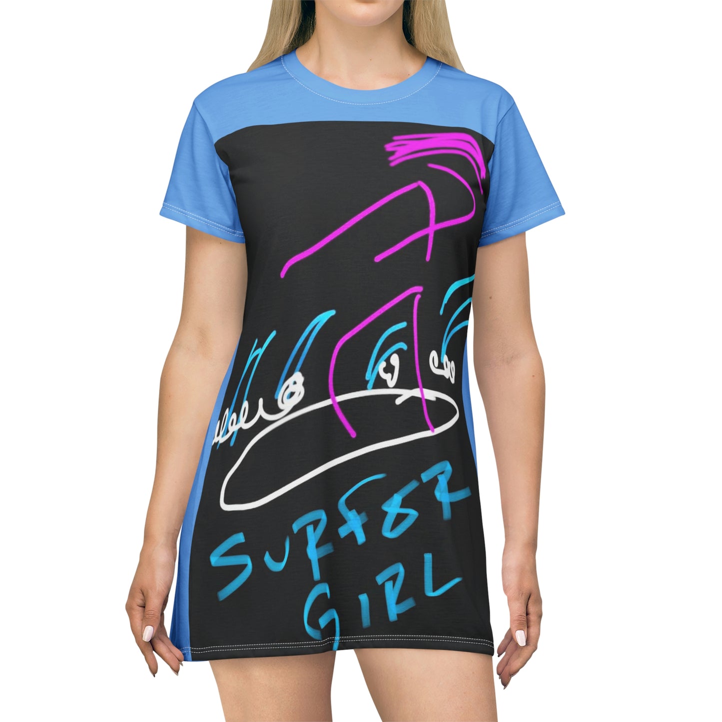 Surfer Girl- T-Shirt Dress (AOP)- Black and Light Blue