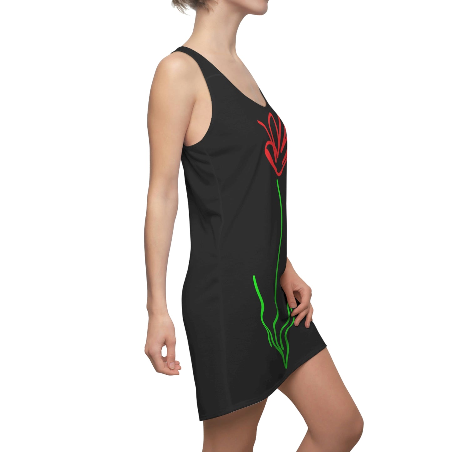 Red Flower- Women's Cut & Sew Racerback Dress (AOP)- Black