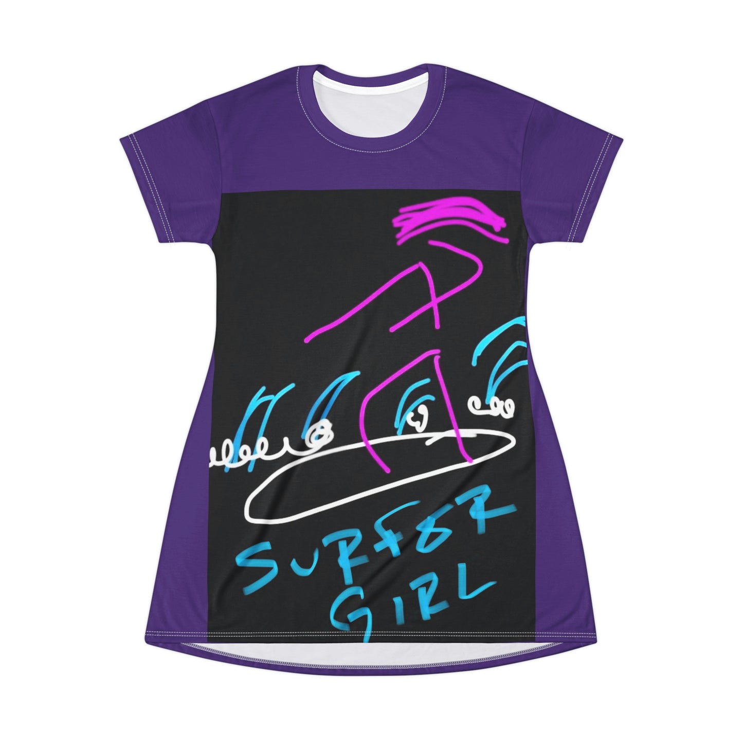 Surfer Girl- T-Shirt Dress (AOP)- Black and Purple