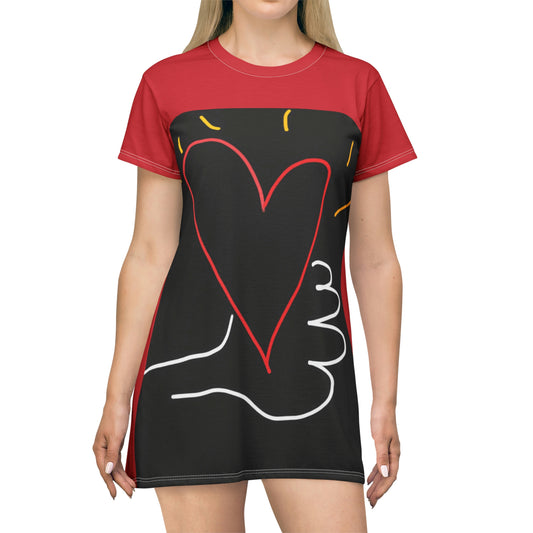 Take My Heart- T-Shirt Dress (AOP)- Black and Red