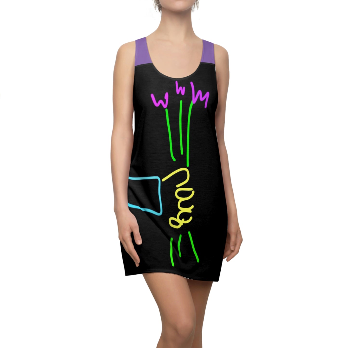 3 Purple Flowers- Women's Cut & Sew Racerback Dress (AOP)- Black and Purple