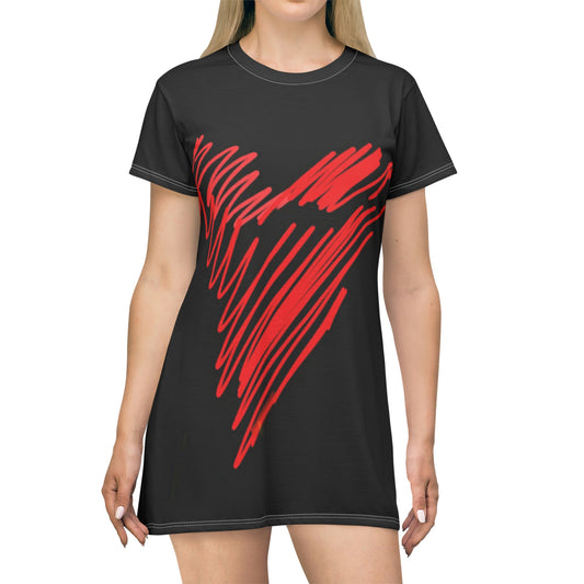 Scribble Heart- T-Shirt Dress (AOP)- Black