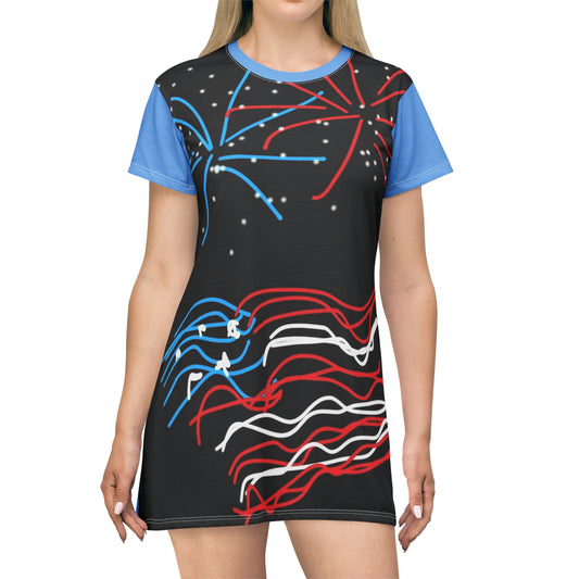 July 4th- Fireworks- T-Shirt Dress (AOP)- Black and Blue