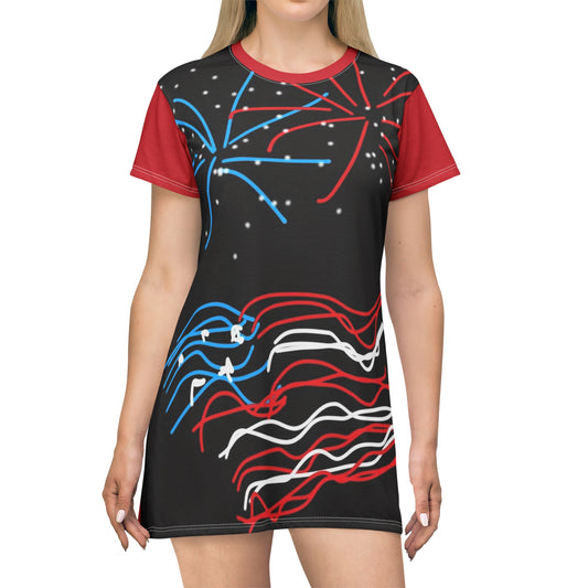 July 4th- Fireworks- T-Shirt Dress (AOP)- Black and Red