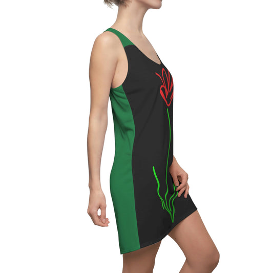 Red Flower- Women's Cut & Sew Racerback Dress- Black & Green