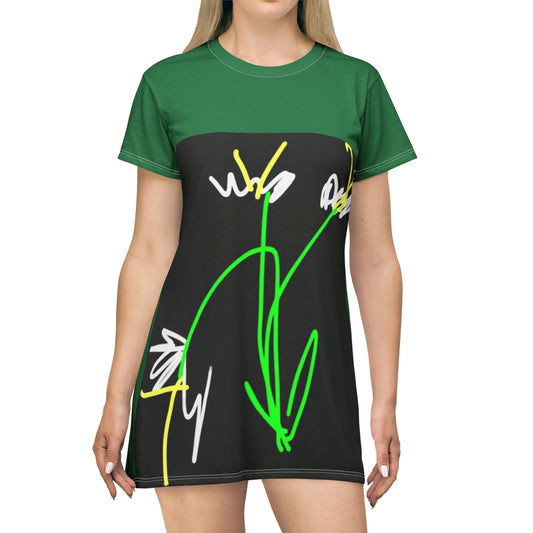 3 white Flowers- T-Shirt Dress (AOP)- Black and Green