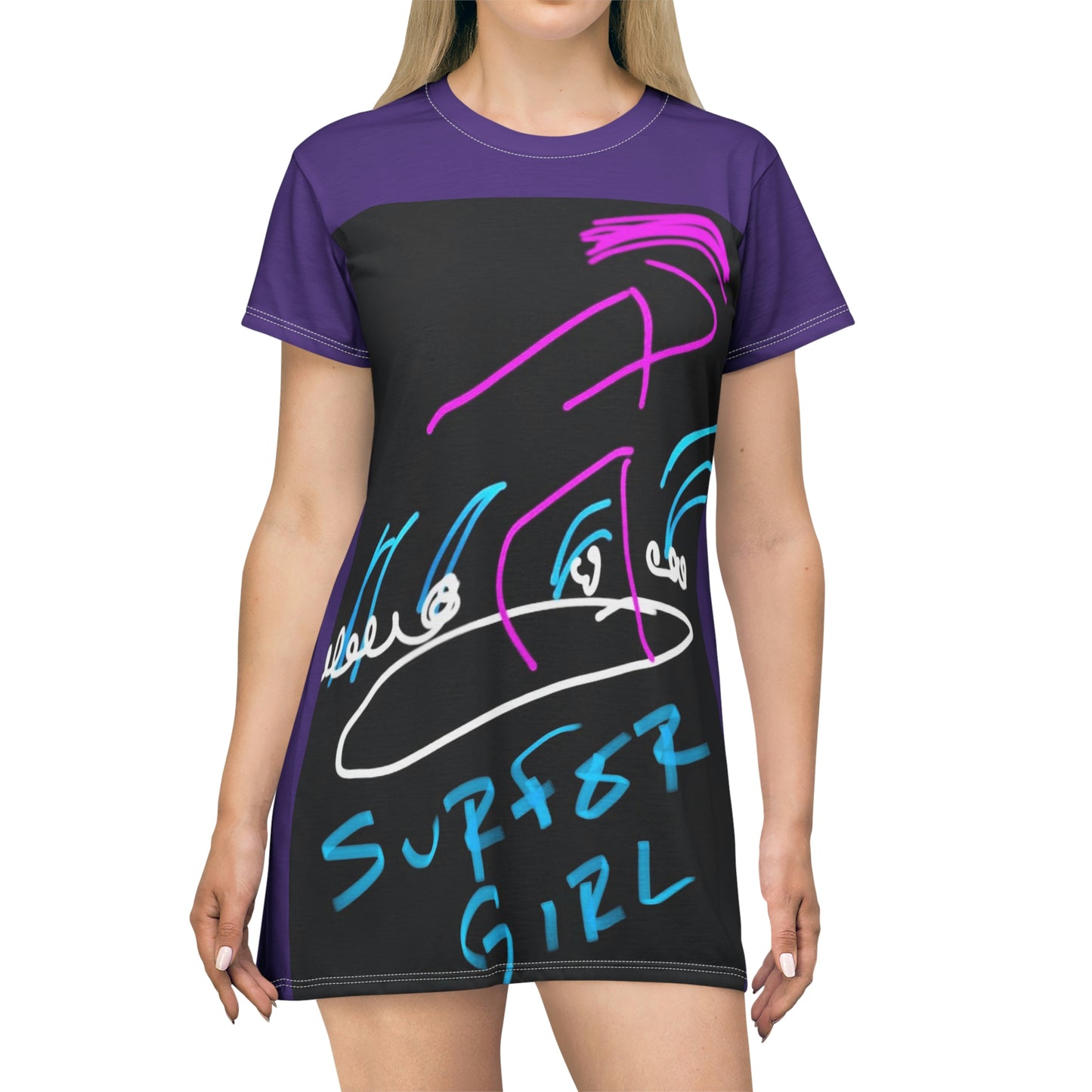 Surfer Girl- T-Shirt Dress (AOP)- Black and Purple