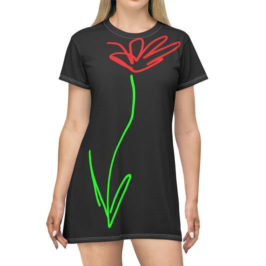 Red Flower- T-Shirt Dress (AOP)- black