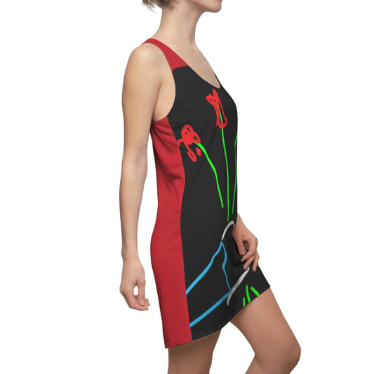 3 Red Flowers- Women's Cut & Sew Racerback Dress (AOP)- Black and Red