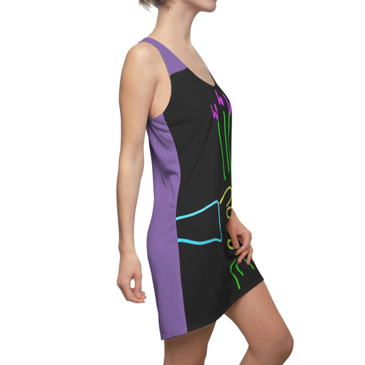 3 Purple Flowers- Women's Cut & Sew Racerback Dress (AOP)- Black and Purple